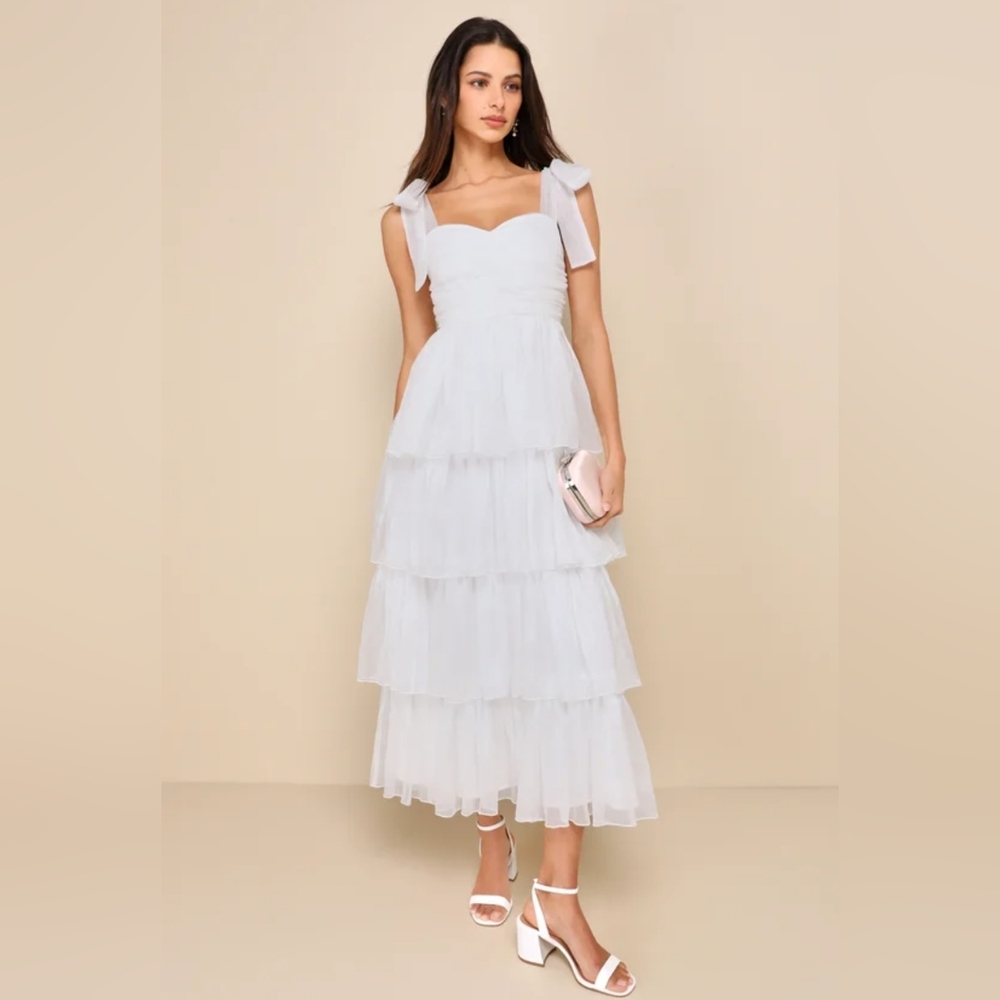 NWOT Lulu's Shiny White Organza Tiered Tie-Strap Maxi Dress Size XL